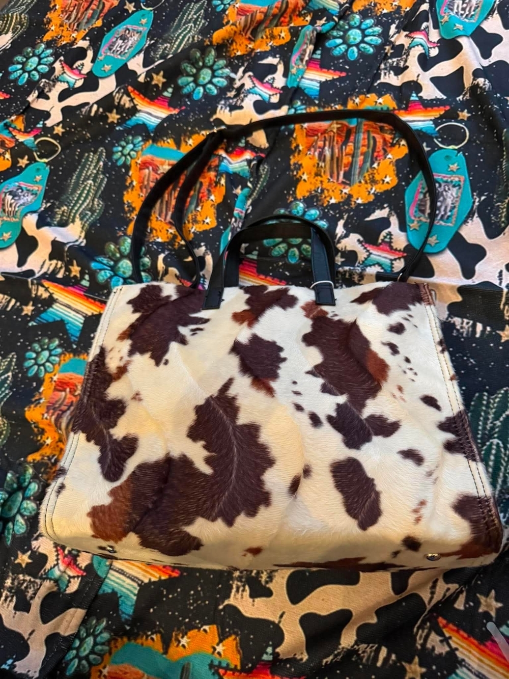 Furry Cowhide Pattern Leather Tote Bag with Black Handles